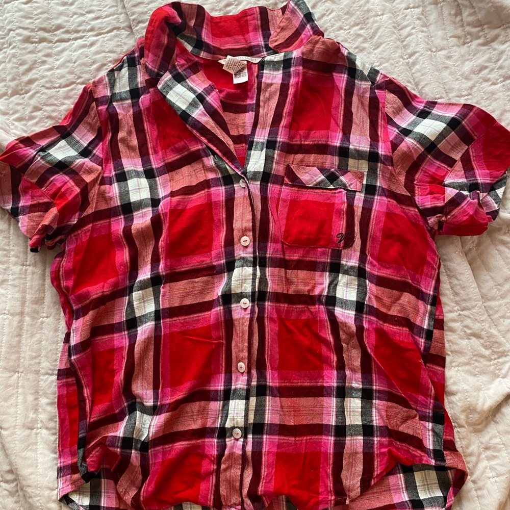“Victoria’s Secret” pink plaid short sleeve button up!